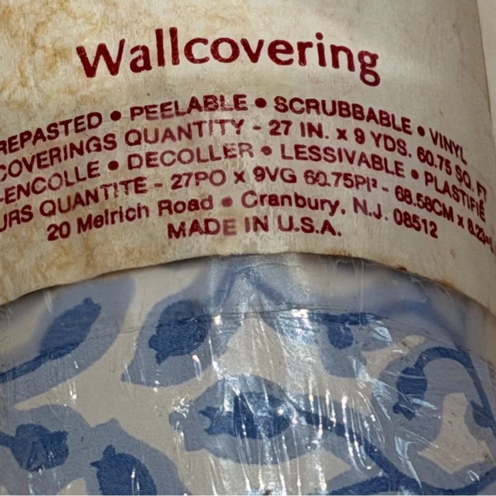 Vintage Waverly Blue and White Leaf Design Wallcovering made in USA